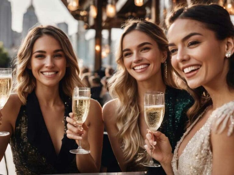 Three women smiling and toasting with champagne glasses at an outdoor event.